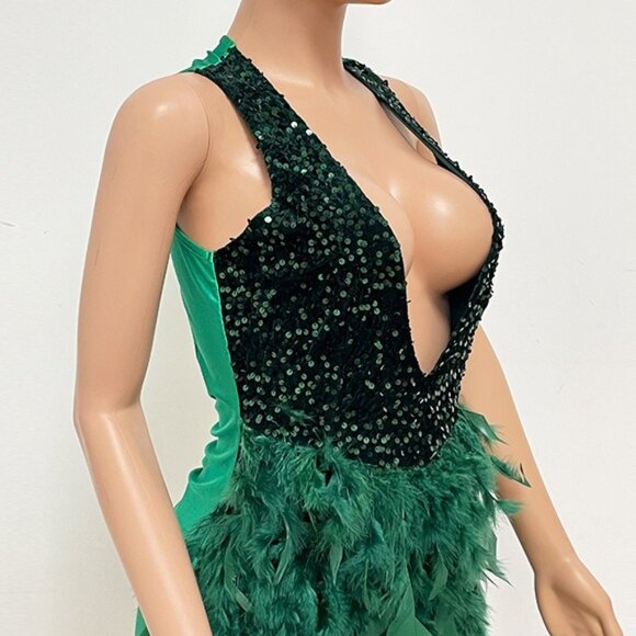 Deep Green Sequin Bodice & Feather Skirt Dress - Picture 3 of 3